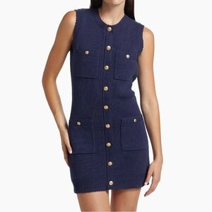 NWT Caroline Constas Navy Blue Gold Button Sleeveless Sweater Knit Mini Dress  M